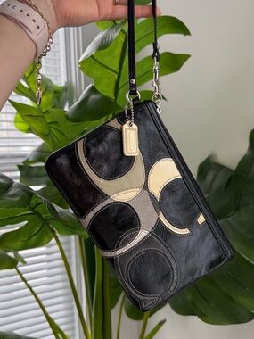 Coach Black Leather Wristlet with Cream and Gray Signature Patches